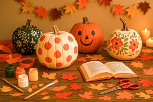 Creative fall craft table with hand-painted pumpkins in polka dot and floral designs, surrounded paintbrushes, scissors, fall leaves, and homemade fall garland