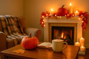 Cozy fall living room scene with a pumpkin on a wooden table with a pumpkin spice latte and a book, plaid blanket draped on a sofa, fairy lights