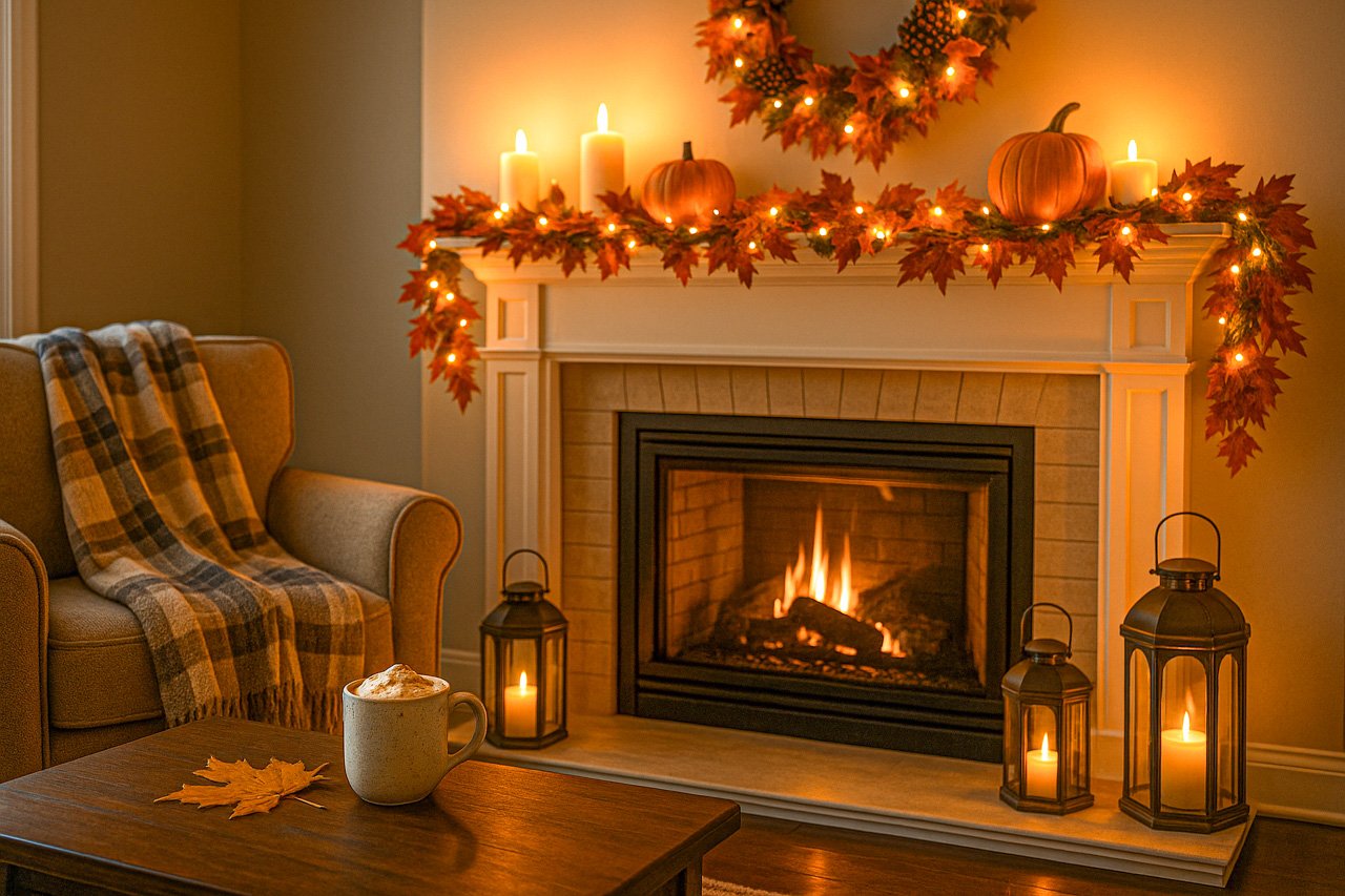 Cozy fall living room with a fireplace decorated with pumpkins, candles, and autumn garlands. A plaid blanket is draped over a chair , a cup of pumpkin spice latte is placed on the table.