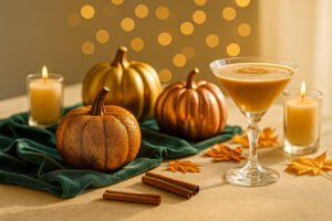 Bright autumn scene with glittering gold and copper pumpkins, a pumpkin spice martini in a crystal glass, fall leaves, cinnamon sticks, and golden bokeh lights in the background