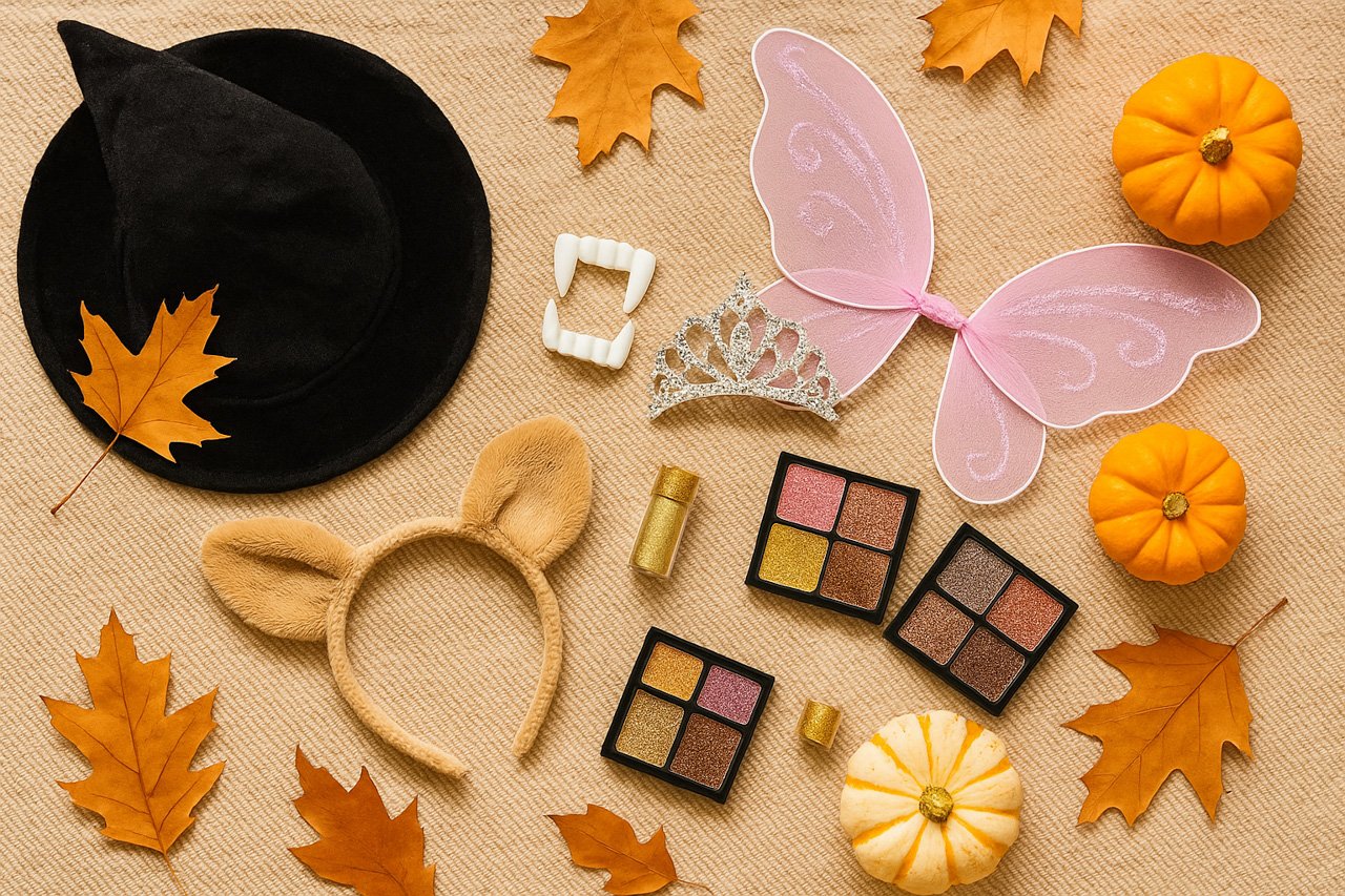 Flatlay of Halloween costume accessories including a witch hat, vampire fangs, sparkly tiara, cute animal ears hairband, fairy wings, and glitter makeup on an autumn background.