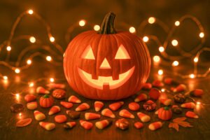 Close up of glowing jack-o'-lantern with a cheerful smile, surrounded by twinkling fairy lights and scattered Halloween candies