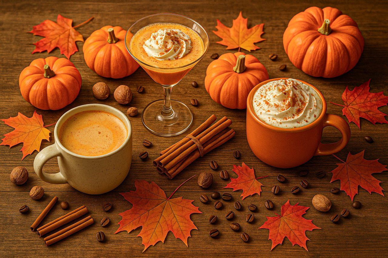 Cozy Fall flatlay of assorted pumpkin spice drinks including a latte, martini, and a mug with whipped cream, surrounded by pumpkins, cinnamon sticks, and autumn leaves on a rustic table