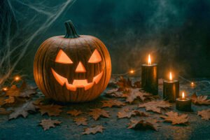 Moody Halloween scene with a glowing Jack-O'-Lantern , surrounded by candles, cobwebs, dark autumn leaves