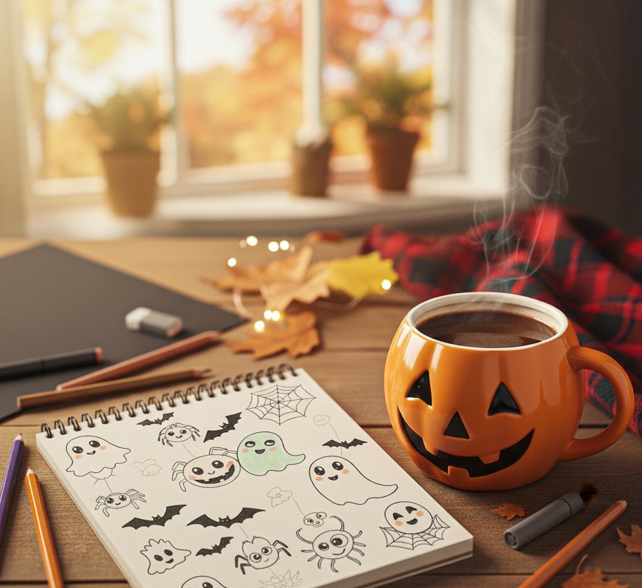 Cozy fall scene with a steaming drink in a pumpkin mug next to a sketchbook filled with cute Halloween doodles of ghosts, bats, and pumpkins on a wooden table with fall leaves and a plaid blanket