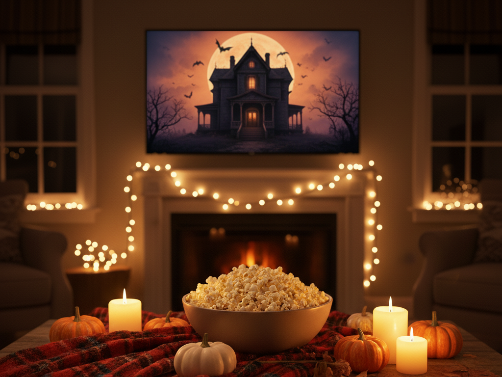 Cozy Halloween movie setup with popcorn, candles, and pumpkins on a plaid blanket in a cozy living room