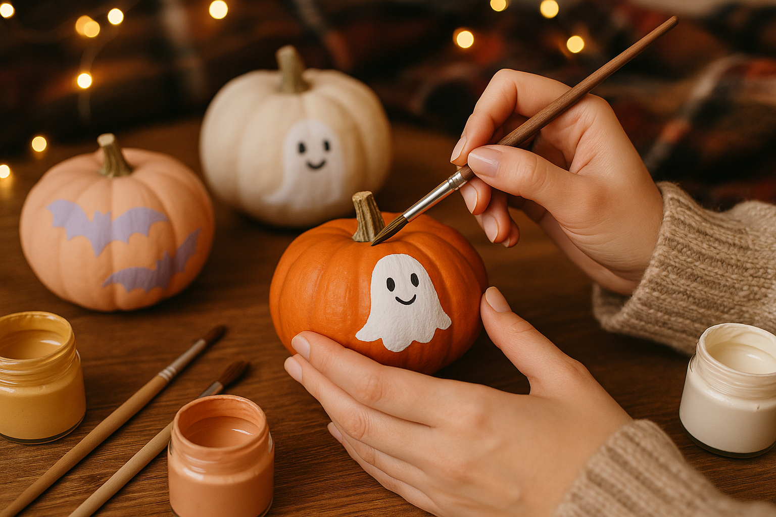 Hands painting a cute ghost on a pumpkin for an easy Halloween DIY craft, with cozy warm lights in the background