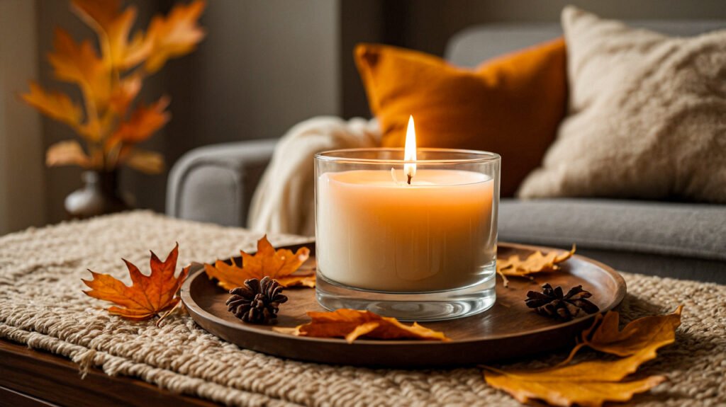 Cozy autumn living room  with a lit fall candle in a glass jar on a tray, surrounded by pinecones and fall leaves, with soft pillows and warm lighting in the background.