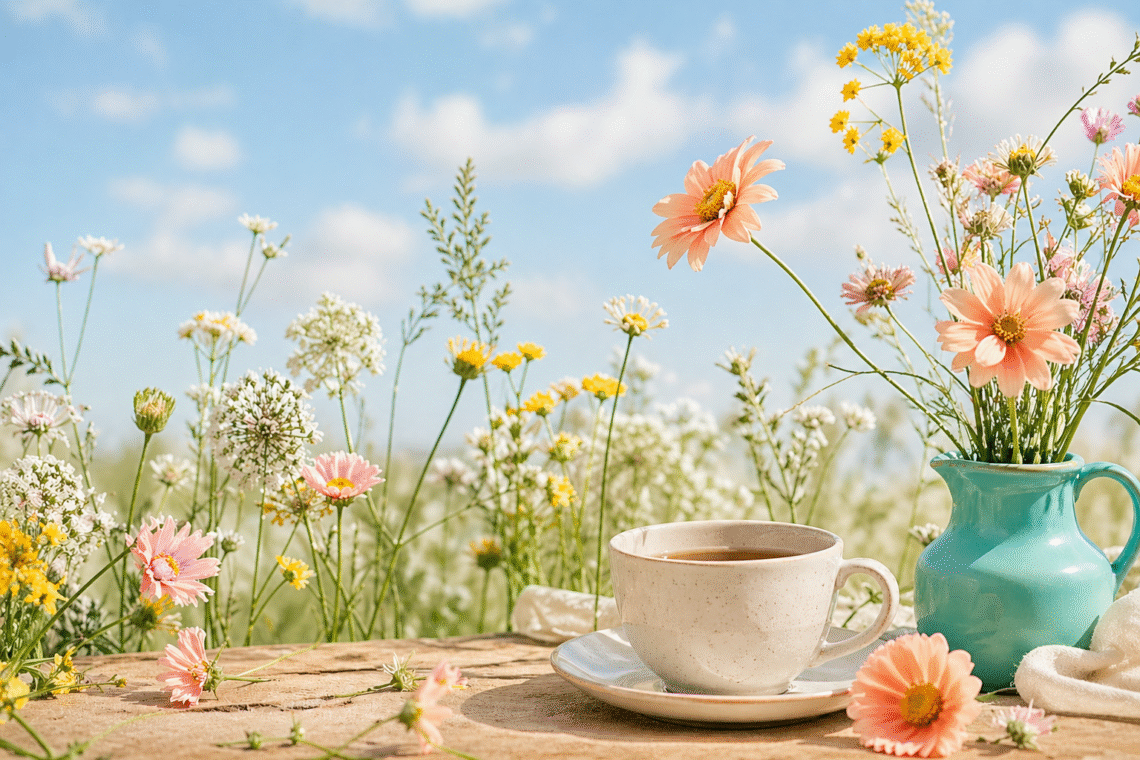 bright, airy spring still-life scene in natural daylight: a light brown table holds teacup on a saucer beside a teal ceramic jug filled with delicate wildflowers. Soft blush pink and golden yellow blooms with fresh green stems are scattered across the table and rising in the background, set against a clear blue sku