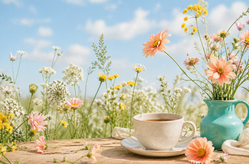 bright, airy spring still-life scene in natural daylight: a light brown table holds teacup on a saucer beside a teal ceramic jug filled with delicate wildflowers. Soft blush pink and golden yellow blooms with fresh green stems are scattered across the table and rising in the background, set against a clear blue sku