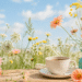 bright, airy spring still-life scene in natural daylight: a light brown table holds teacup on a saucer beside a teal ceramic jug filled with delicate wildflowers. Soft blush pink and golden yellow blooms with fresh green stems are scattered across the table and rising in the background, set against a clear blue sku