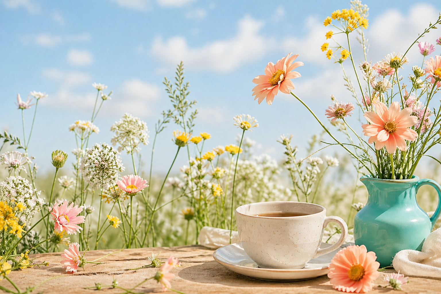 bright, airy spring still-life scene in natural daylight: a light brown table holds teacup on a saucer beside a teal ceramic jug filled with delicate wildflowers. Soft blush pink and golden yellow blooms with fresh green stems are scattered across the table and rising in the background, set against a clear blue sku