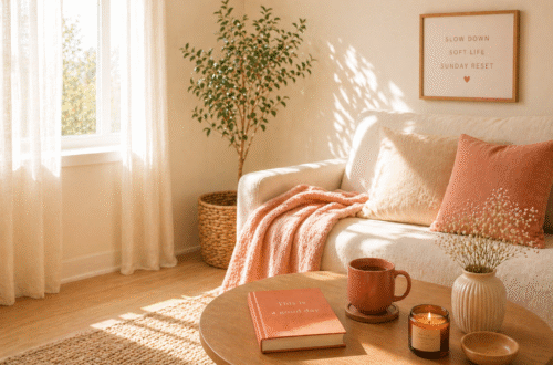 Calm minimal living space with soft sunlight and cozy neutral tones for a Sunday reset routine.