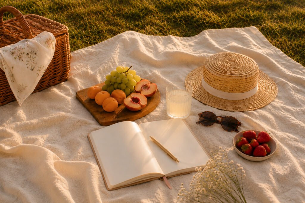 An open journal and gold pen sit on a cream linen picnic blanket beside a glass of lemonade, fresh peaches, sunglasses,  as straw hat, and a wicker basket resting on short grass