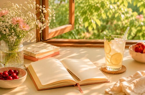 An open journal and pen rest on a cream colored desk beside a glass of iced lemonade, bowls of cherries and peaches, and fresh flowers. Warm sunlight streams through an open window, creating a cozy summer morning scene.