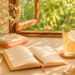 An open journal and pen rest on a cream colored desk beside a glass of iced lemonade, bowls of cherries and peaches, and fresh flowers. Warm sunlight streams through an open window, creating a cozy summer morning scene.