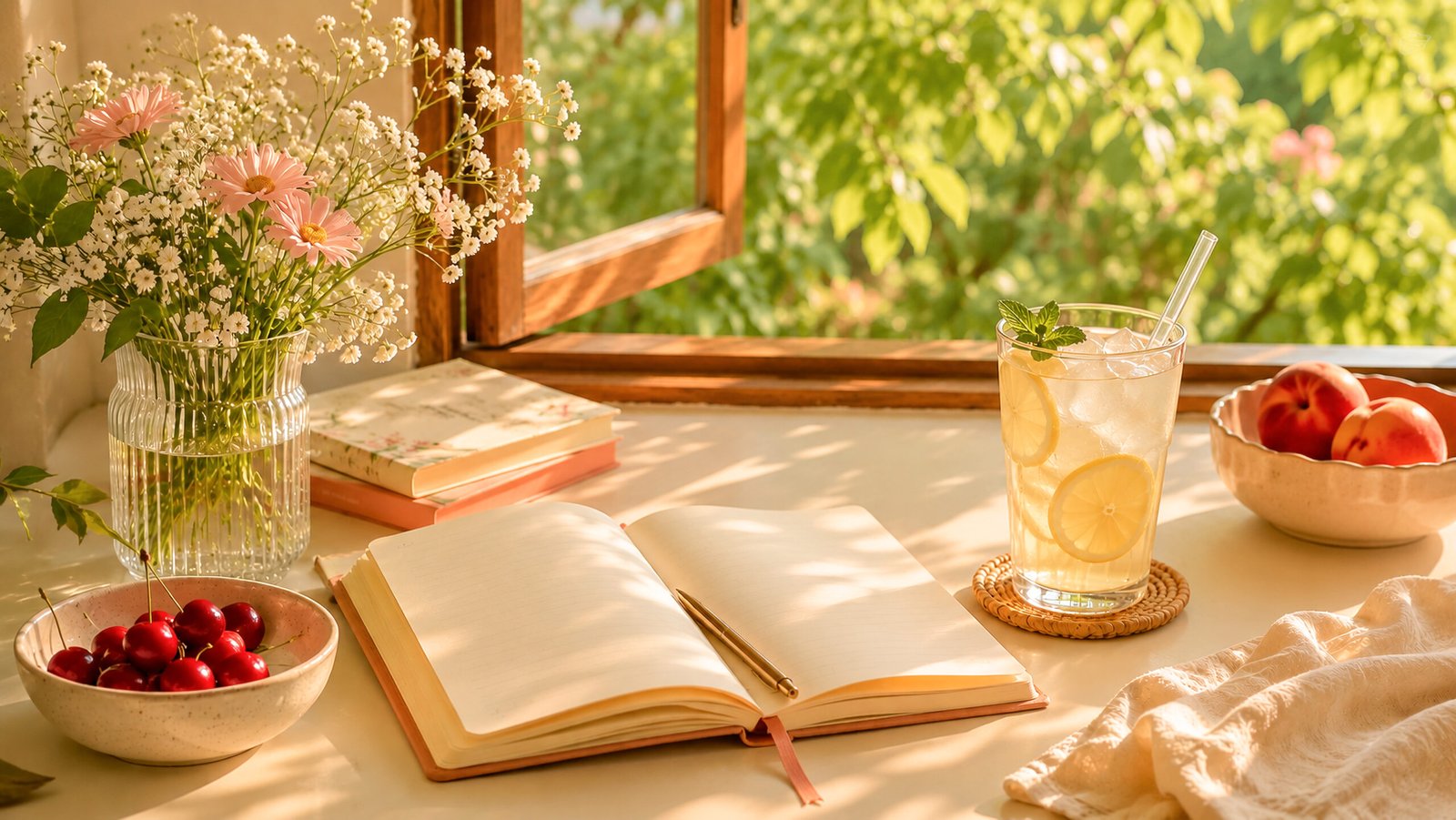 An open journal and pen rest on a cream colored desk beside a glass of iced lemonade, bowls of cherries and peaches, and fresh flowers. Warm sunlight streams through an open window, creating a cozy summer morning scene.