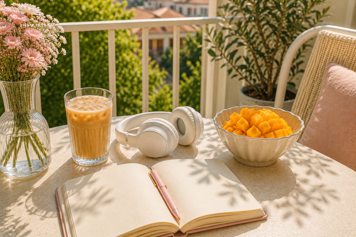 Soft life summer scene with a journal, iced coffee, headphones, fresh flowers, and seasonal fruit on a sunny balcony table.