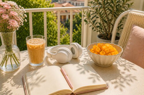 Soft life summer scene with a journal, iced coffee, headphones, fresh flowers, and seasonal fruit on a sunny balcony table.