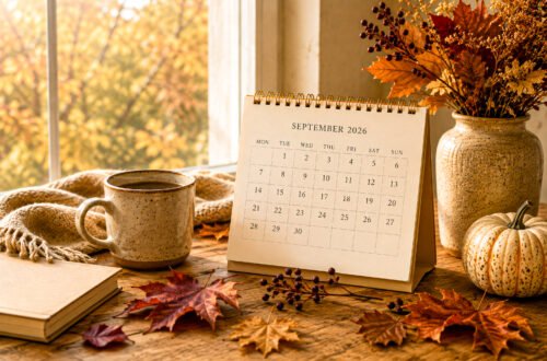 Cozy September calendar with coffee, autumn leaves, a small pumpkin, book, and dried foliage on a wooden table by a sunlit window