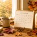 Cozy September calendar with coffee, autumn leaves, a small pumpkin, book, and dried foliage on a wooden table by a sunlit window