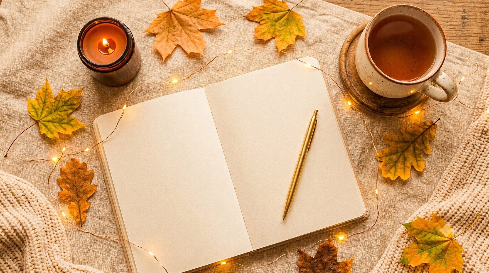 Cozy fall journaling setup with an open journal, gold pen, warm drink, candle, autumn leaves, and string lights on a neautral fabric surface