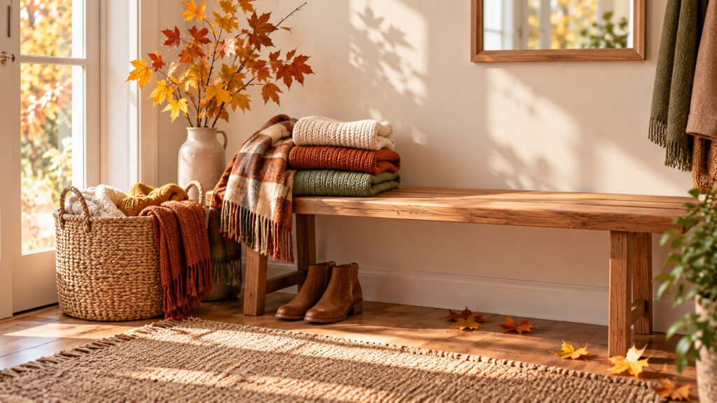 Bright autumn entryway with a wooden bench, cozy sweaters and scarves, woven basket, boots and warm yellow and orange leaves in natural light
