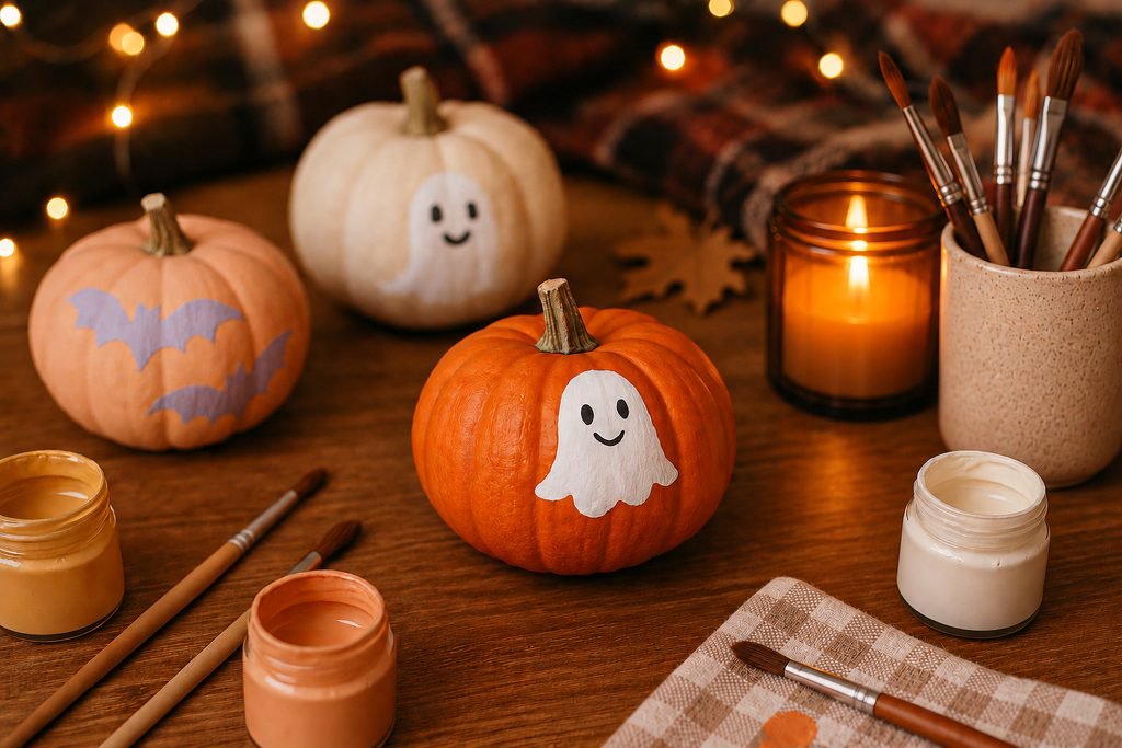 Cozy Halloween pumpkin painting scene with painted pumpkins, paintbrushes, jars of orange and white paint, a glowing candle, and warm string lights on a wooden on a wooden table