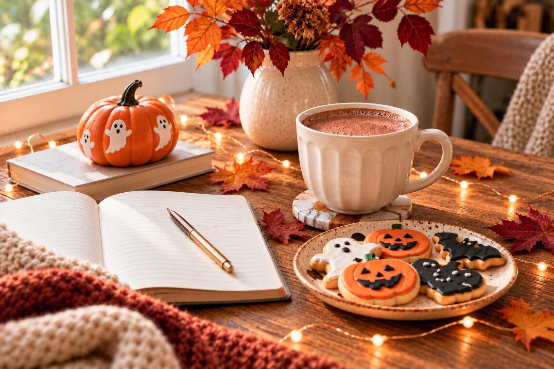 cozy halloween bucket list with a ghost painted pumpkin, hot chocolate, journal, Halloween cookies, fairy lights and autumn decor on a cozy table