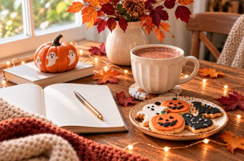 cozy halloween bucket list with a ghost painted pumpkin, hot chocolate, journal, Halloween cookies, fairy lights and autumn decor on a cozy table