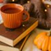 Cozy fall scene with an orange mug on a stack of books, a small pumpkin, a folded brown knit sweater, and warm string lights on a soft cream background.